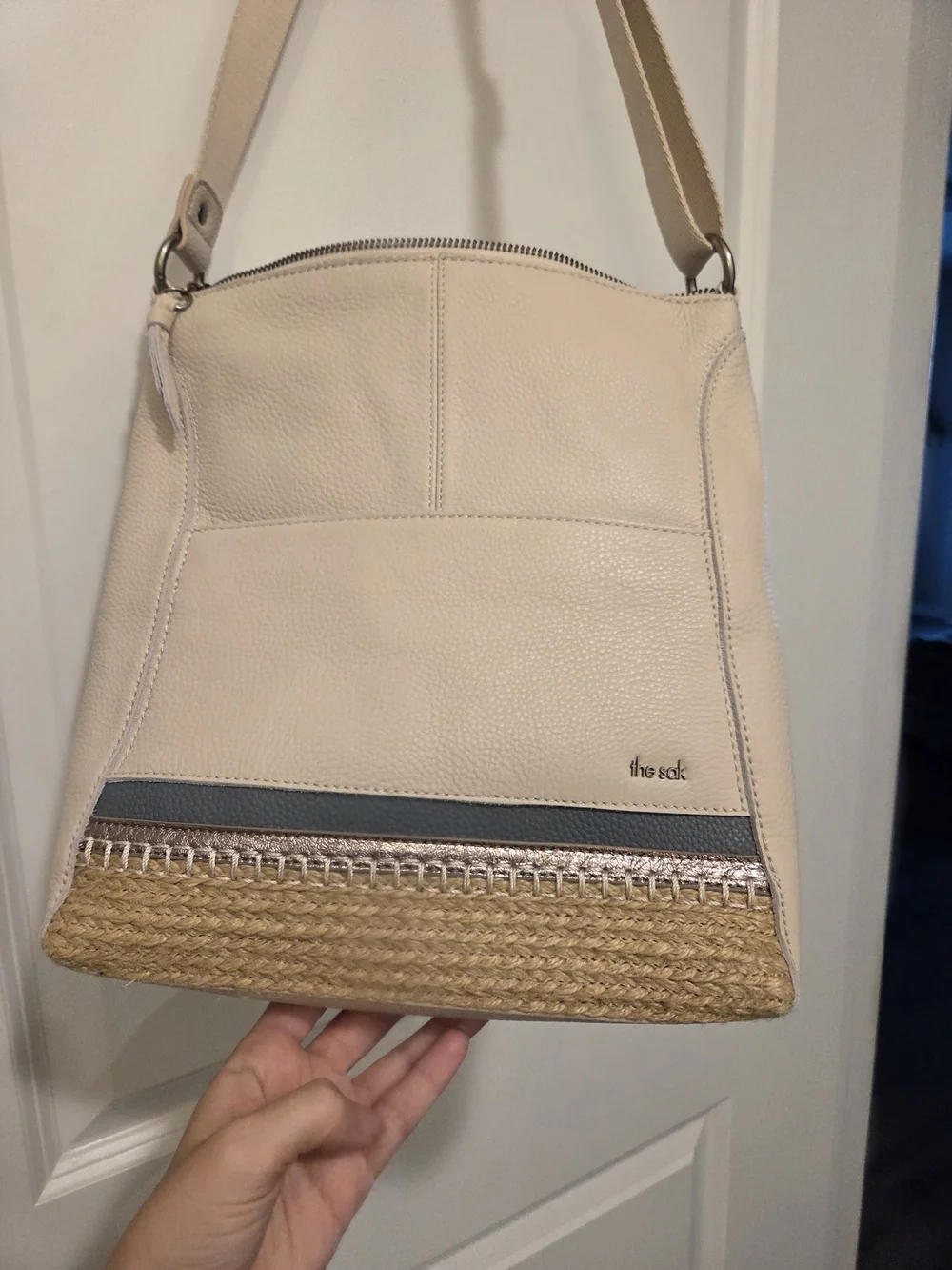 The Sak Leather Crossbody Bag Cream Boho Woven Straw Shoulder Purse